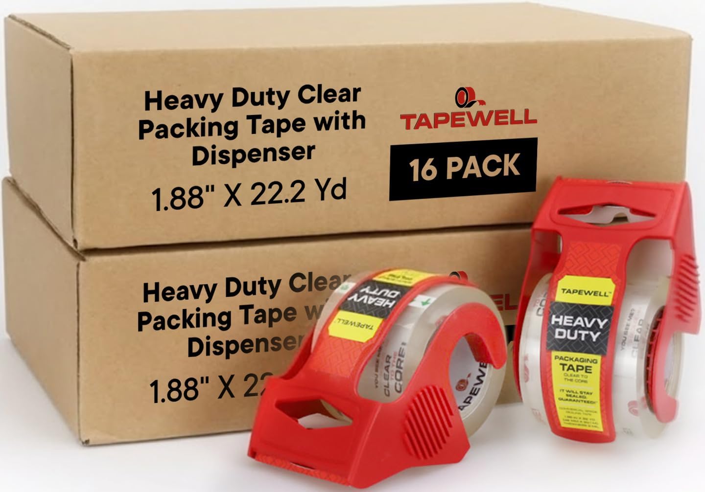Tapewell Heavy Duty Packing Tape with Dispenser 1.5" Core, Clear Shipping Tape for Boxes, Packaging, Mailing & Moving Supplies - 1.88 in. x 22.2 Pack of 16