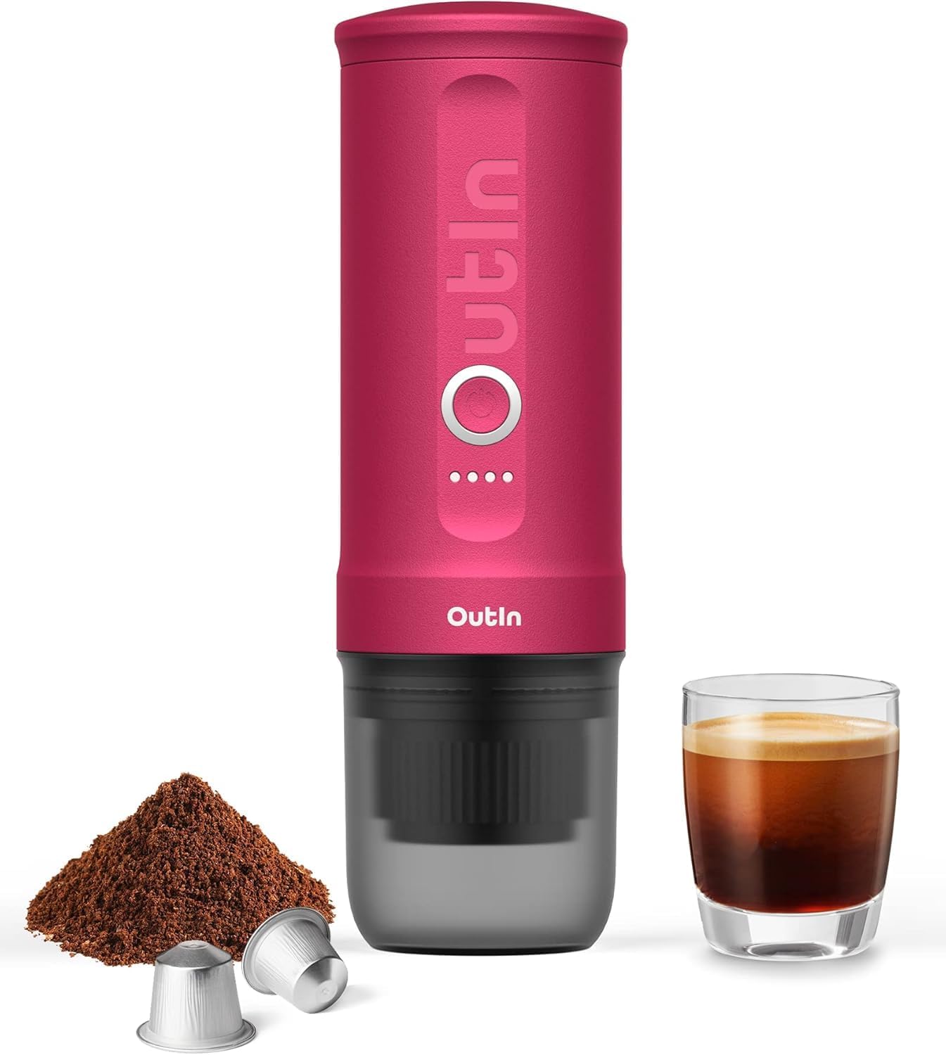 – OutIn Nano Portable Electric Espresso Machine, Travel Coffee Maker for Camping, Car Coffee Maker Self-Heating with USB-C, With Ground Coffee & NS Capsule for RV, Hiking, Office