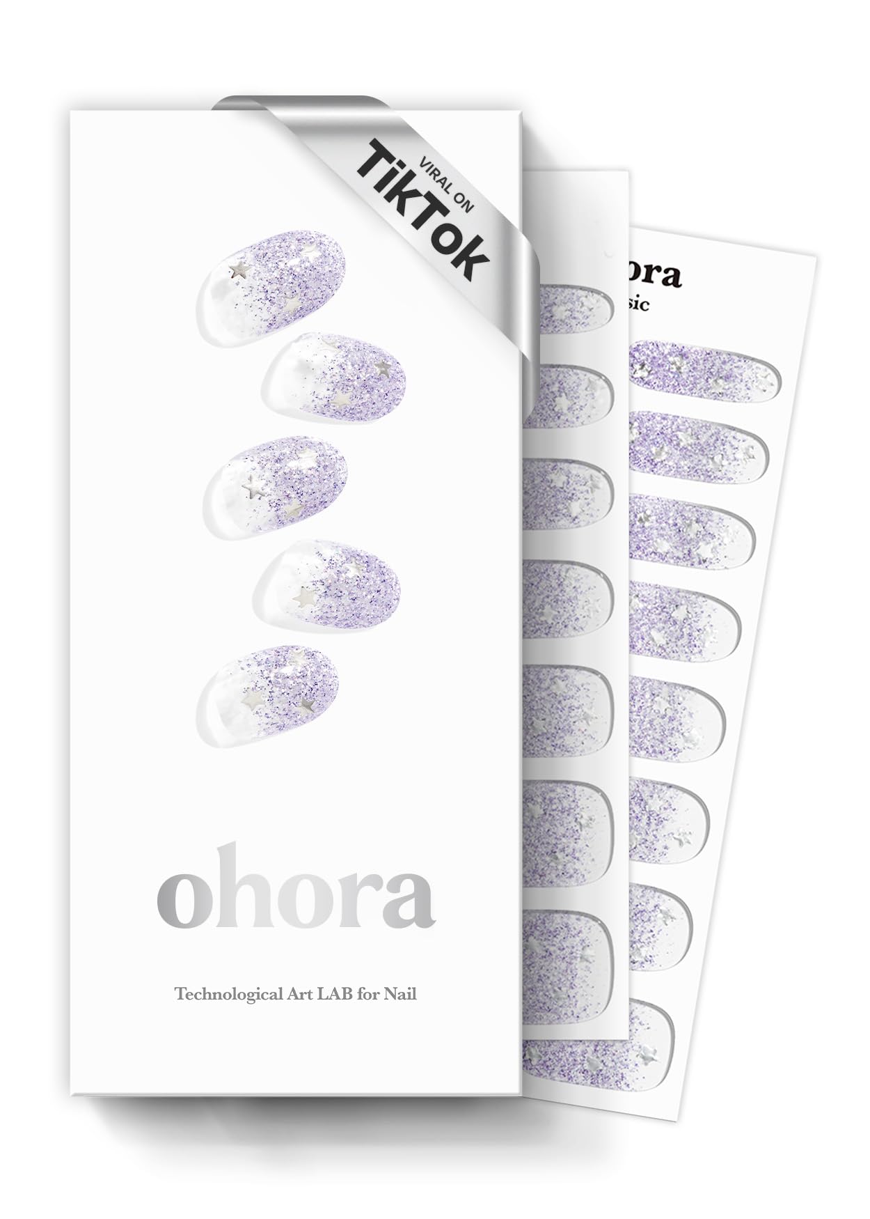 ohora Semi Cured Gel Nail Strips (N Shooting Star) - Purple, Glitter, Works with Any UV/LED Lamps, Salon-Quality, Long Lasting, Easy to Apply & Remove - Includes 2 Prep Pads, Nail File & Wooden Stick