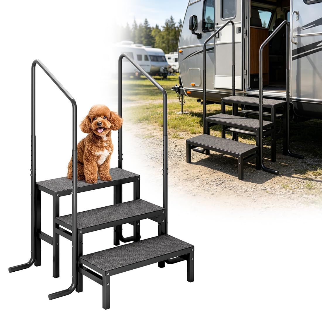 Escalera de 3 niveles para caravana, antideslizante, con 2 pasamanos, 3 niveles para caravanas, camping, caravanas, remolques de viaje (3 pasos mejorados)
