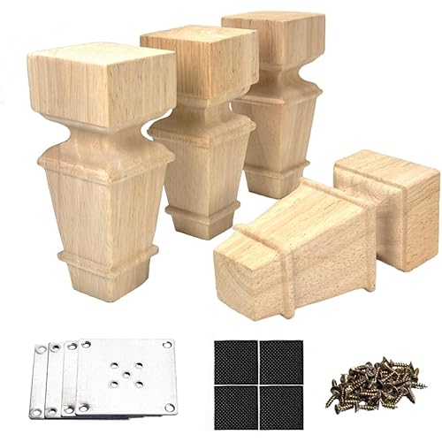 6 Inch Wooden Furniture Legs with Mounting Plates Screws Set of 4 Solid Wood Unfinished European Style Replacement Furniture Feet for Couch Cabinet Sofa Ottoman TV Stand Home DIY Projects (6 inch)