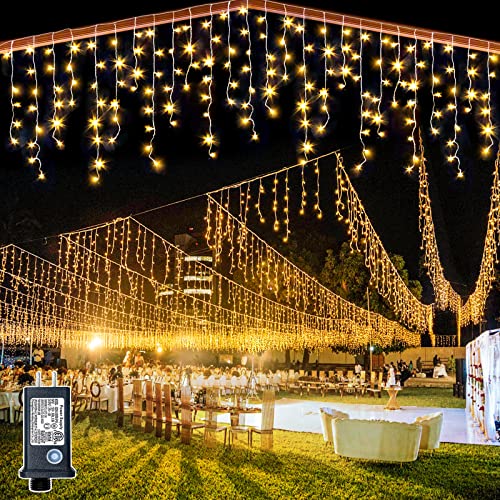 132ft Icicle Lights for Outside - 1280 LED Warm White Twinkle Lights with 240 Drops, 8 Modes Plug in Waterproof Timer Memory. Cannot be Extended. The Plug is in the Middle (66ft+66ft)