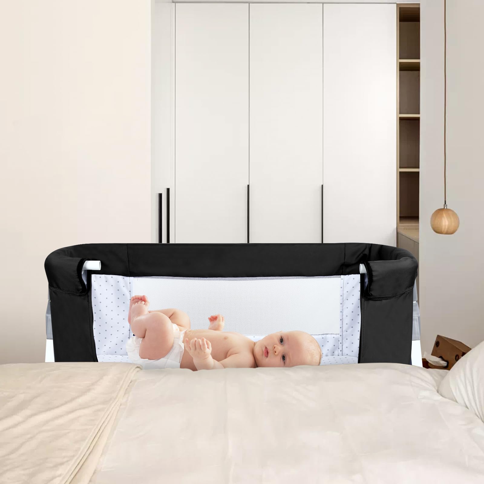 homewell 2 in 1 Beistellbett Baby & Babywiege mit Moskitonetz, Stubenwagen Baby Faltbar, 6 Fach Höhenverstellung und Neigungsverstellung, Seiten aus Netz, für Zuhause und Unterwegs (Schwarz)