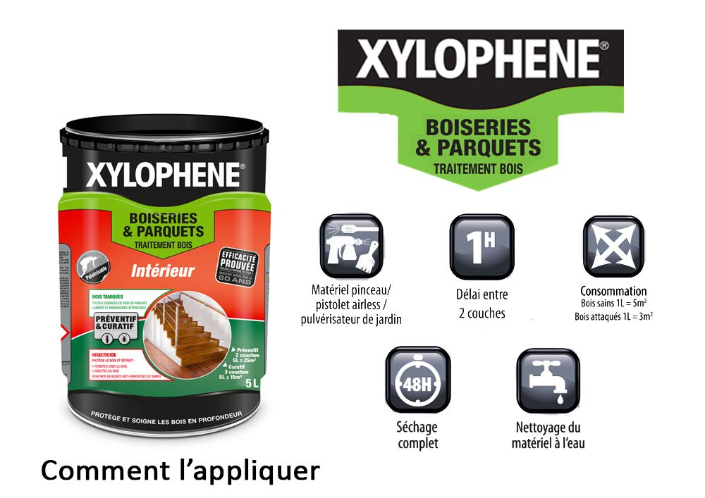 XYLOPHENE - Traitement Bois et Parquet Intérieur - Préparation du bois - Traitement Préventif et Curatif pour les Boiseries et Parquets - Anti Insectes, Anti Termites - Non Gras - 5L - Incolore