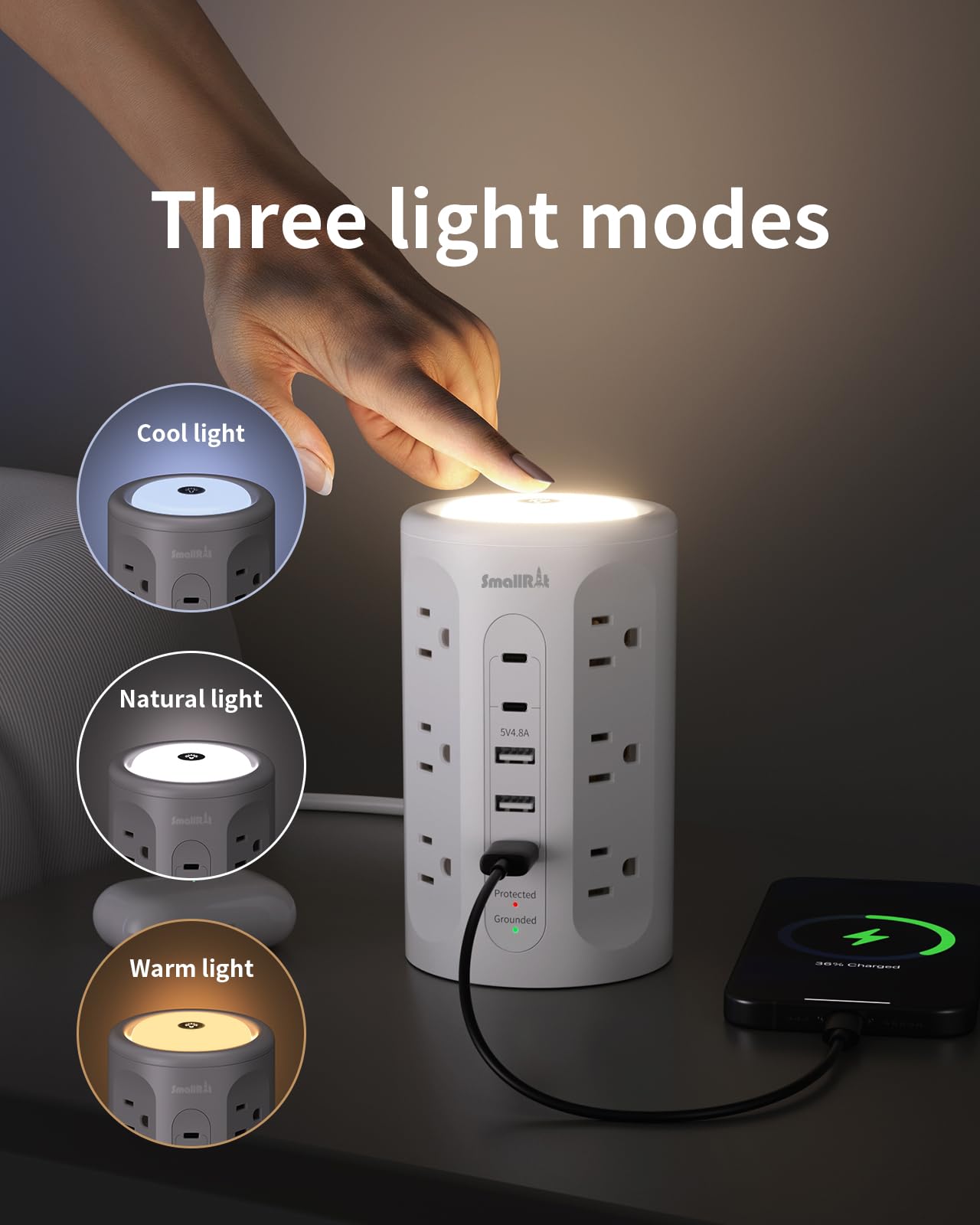 Tour multiprise avec 5 ports USB et veilleuse, rallonge de 3 m avec 12 prises CA différentes (blanc)