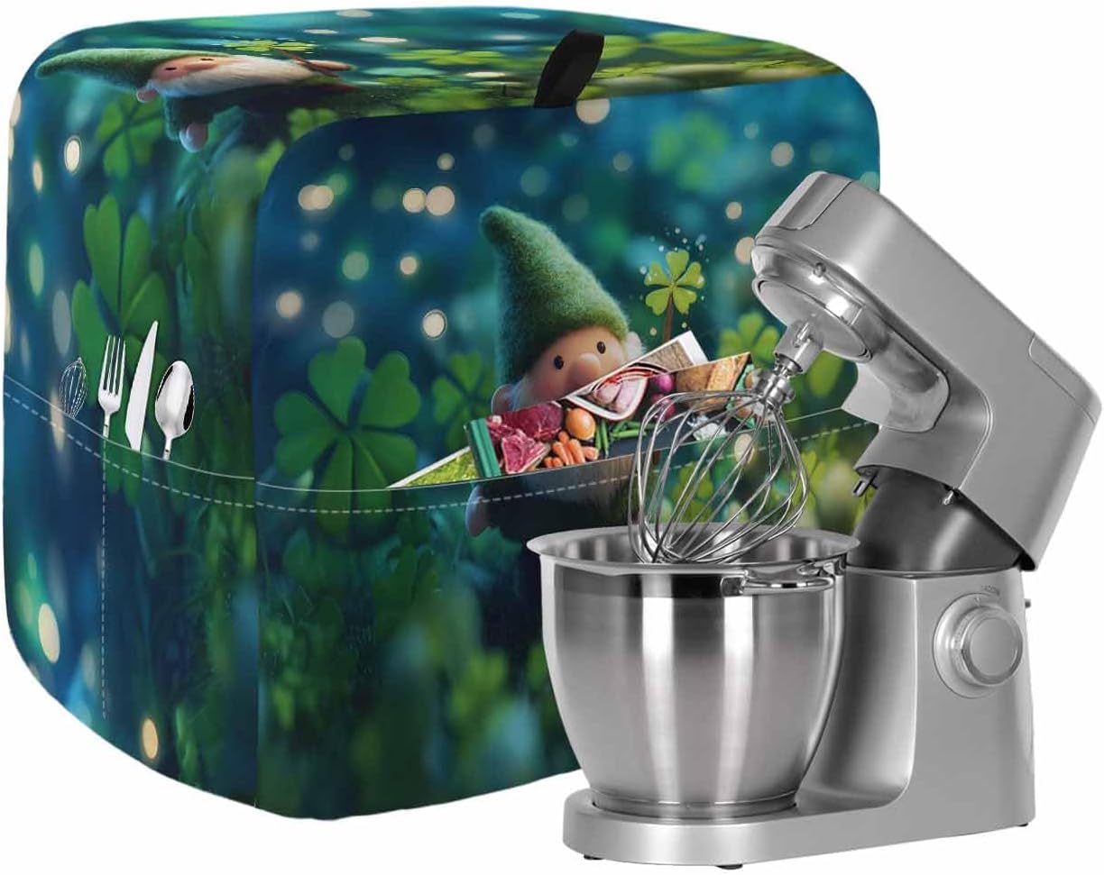 St. Patrick's Day Stand Mixer Cover with Storage Pocket, Waterproof Kitchen Mixer Covers, Spring Green Gnomes Lucky Irish Clovers Kitchen Appliance Dust Cover Compatible with 5-8 Quart Mixers