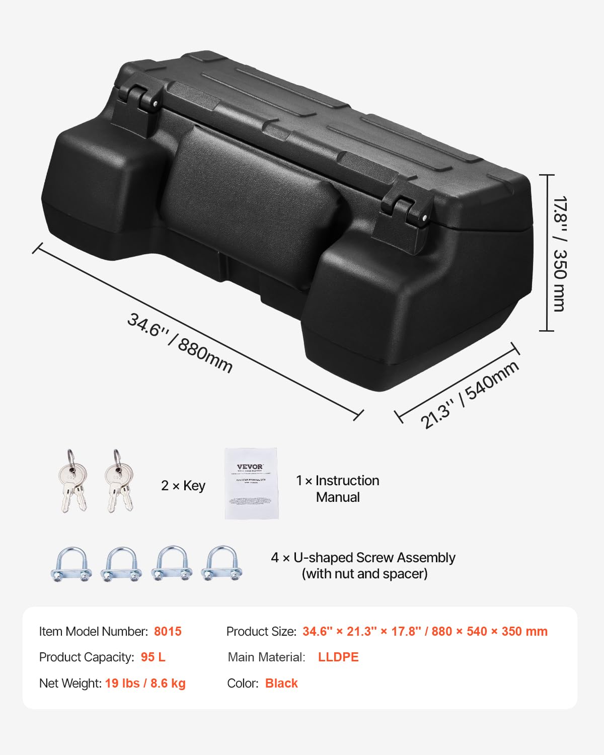 VEVOR Contenitore Sdraio da Auto ATV UTV Posteriore 95L LLDPE Impermeabile con Serratura Nero