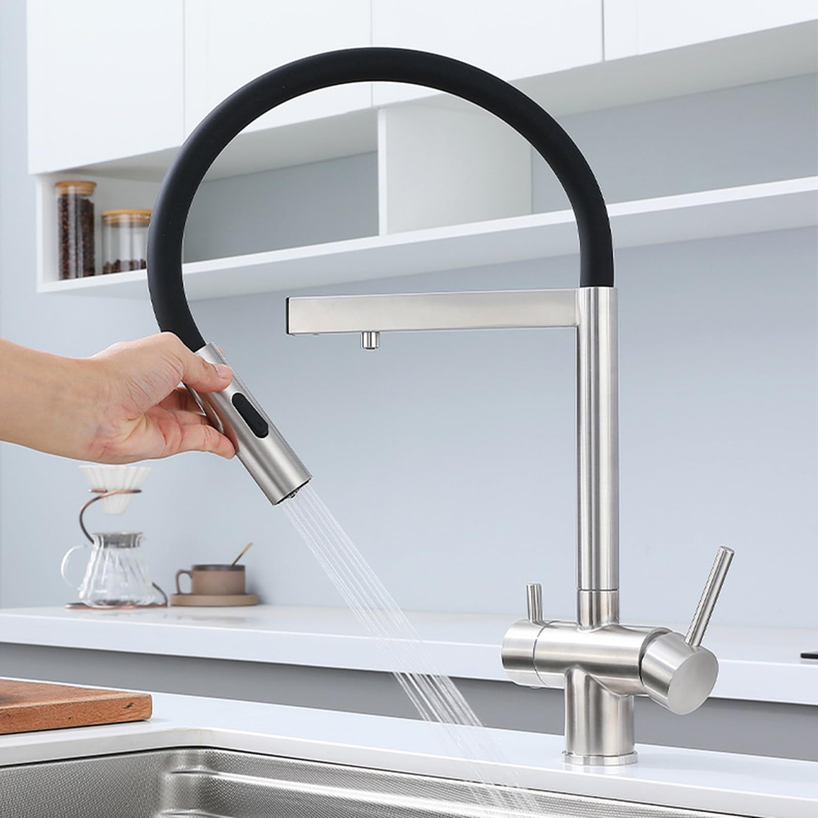 ZYCHSJXA 3 Way Kitchen Tap, Flexible Rotating Brass Water Tap for Purified