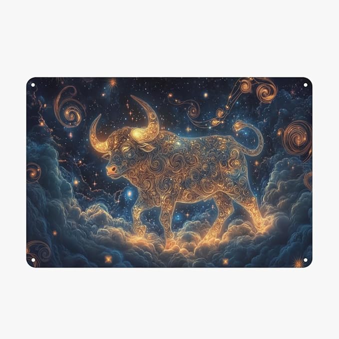 Taurus Metal tin sign,Taurus with complex spiral and starry sky background,Easy-to-hang tinplate,bedroom, office walls Aluminum plaque 8x12 inches,Ideal choice for astrology enthusiasts