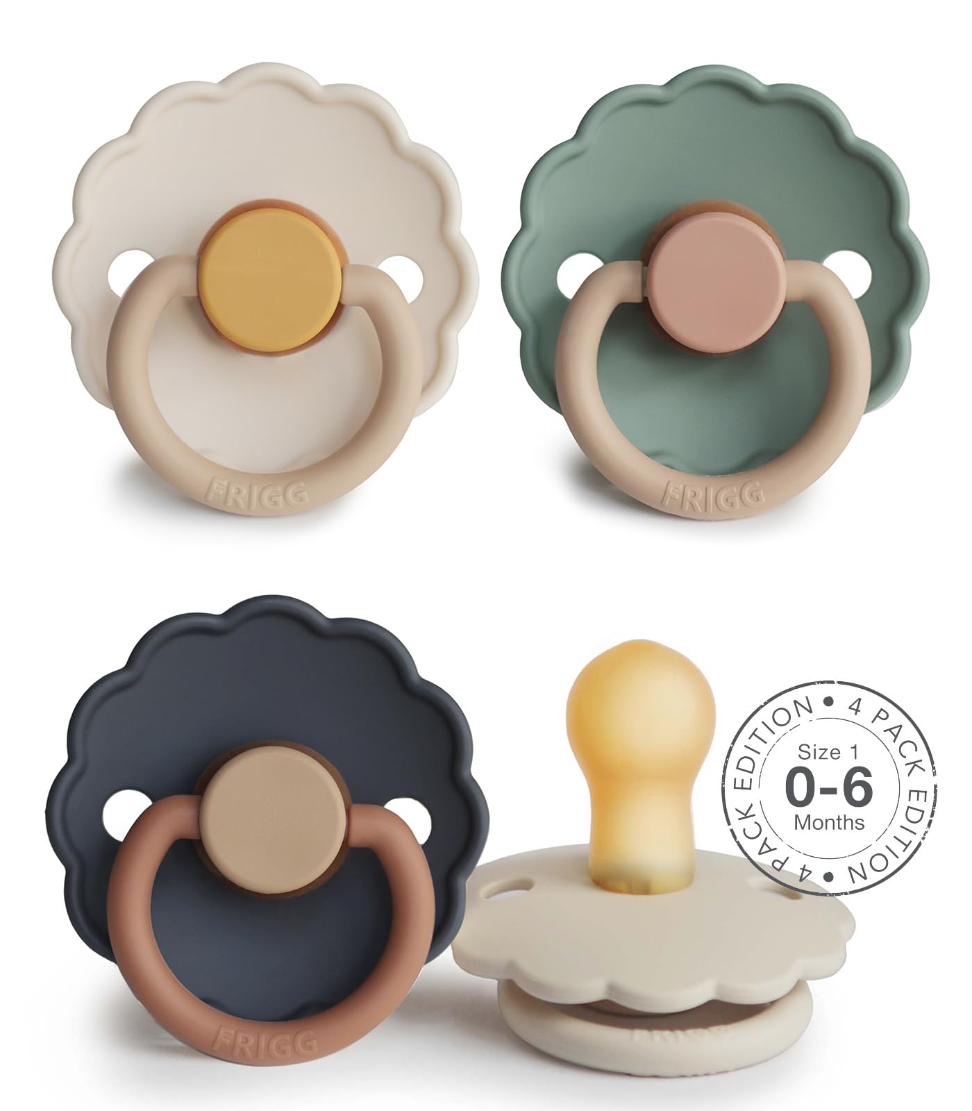 FRIGG Daisy Latex Schnuller | 4'er Packung | Naturgummi Schnuller | BPA-Frei | Hergestellt in Dänemark | Symmetrischer Sauger in Kirschform | (Multicolor Bliss, Größe 1 (0-6 Monate))