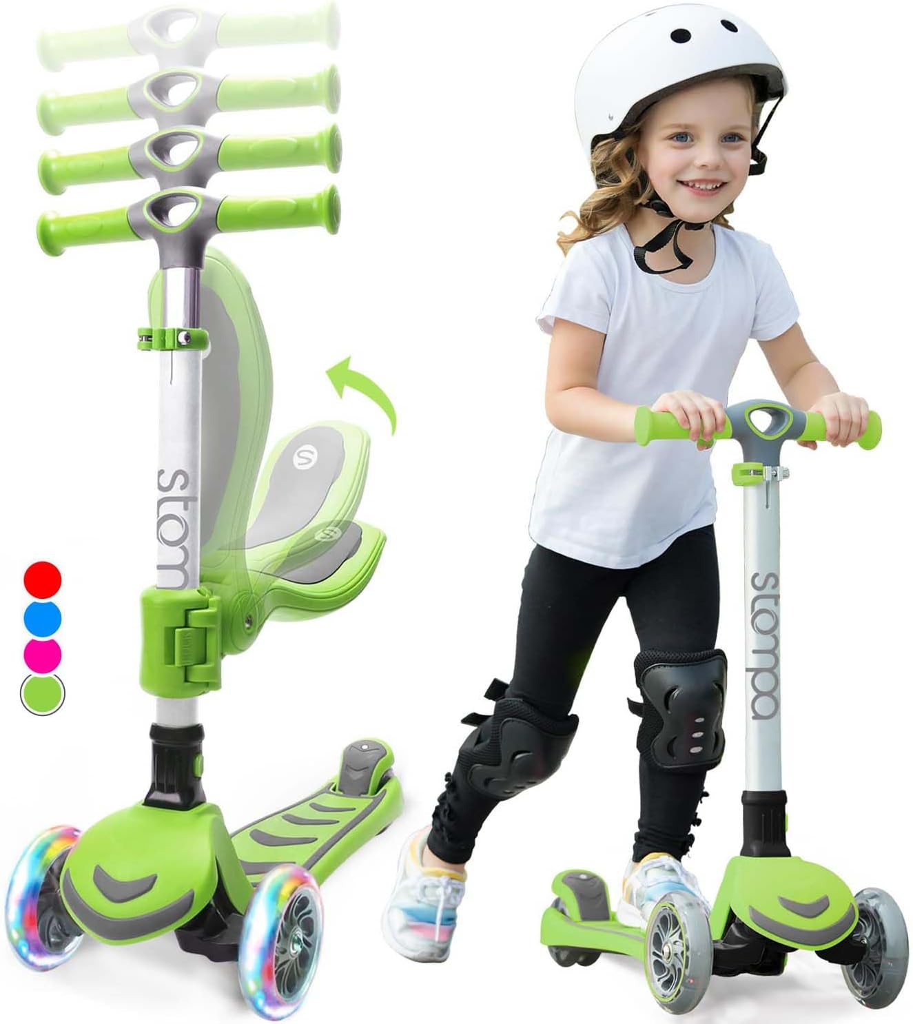 Stompa Children's Scooter 3 Years for Girls Boys Foldable Children's Scooter 3 Wheels LED Flash Light 4 Height Adjustable Scooter Toddler with Seat Slide Kick Scooter Age 3-8