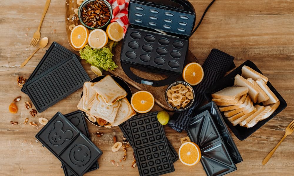 Lehmann Sandwichmaker 5 en 1 avec différentes formes | Gaufrier, grill contact, panini, sandwich, gâteaux sucrés | Comprend 5 ensembles de plaques antiadhésives | 800 W