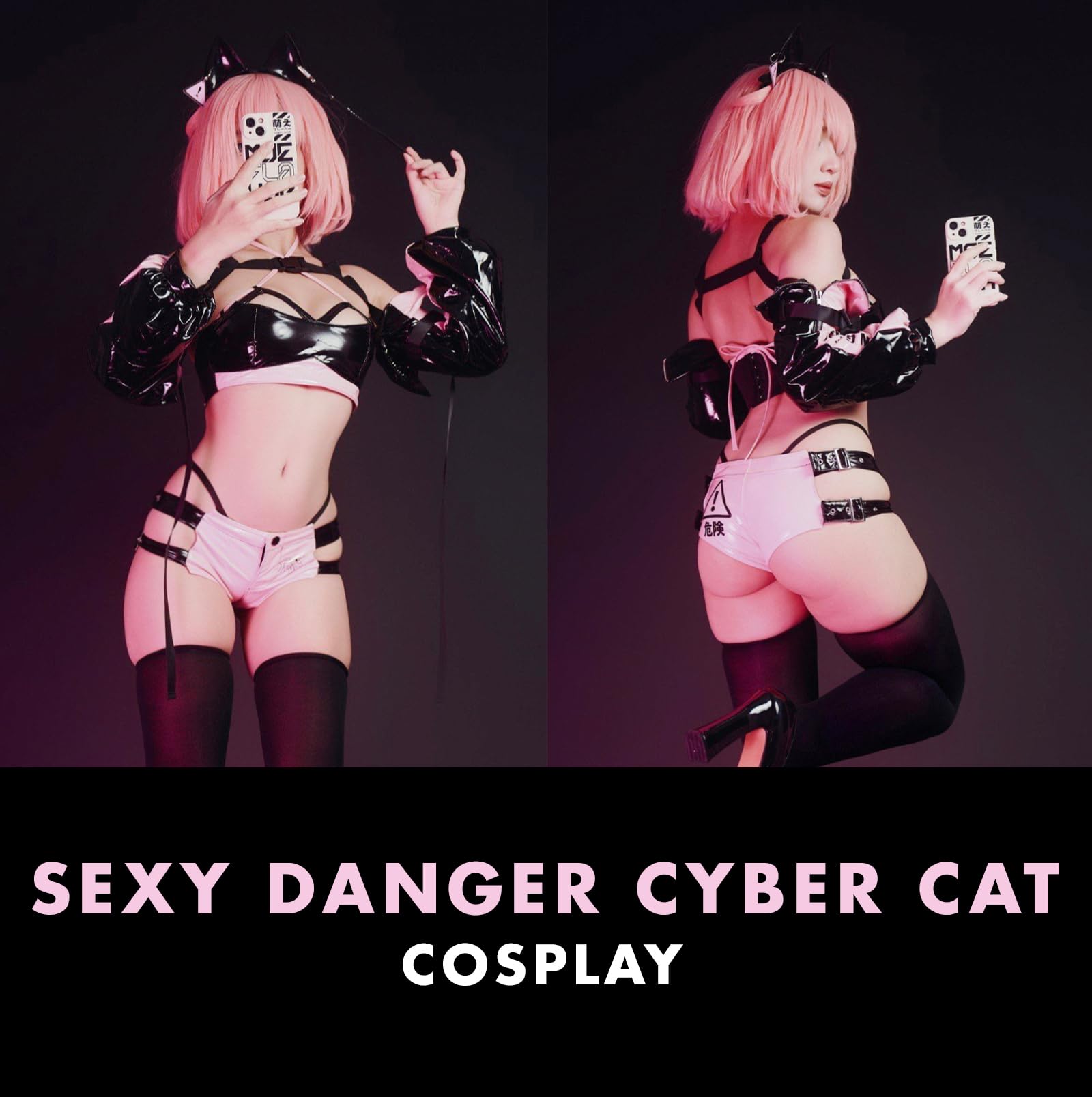 MOEFLAVOR Danger Cyber Cat Outfit Cosplay | Kawaii Anime Bikini Lingerie Maid Costume | Reg & Plus Size: XL/2XL Pink & Black