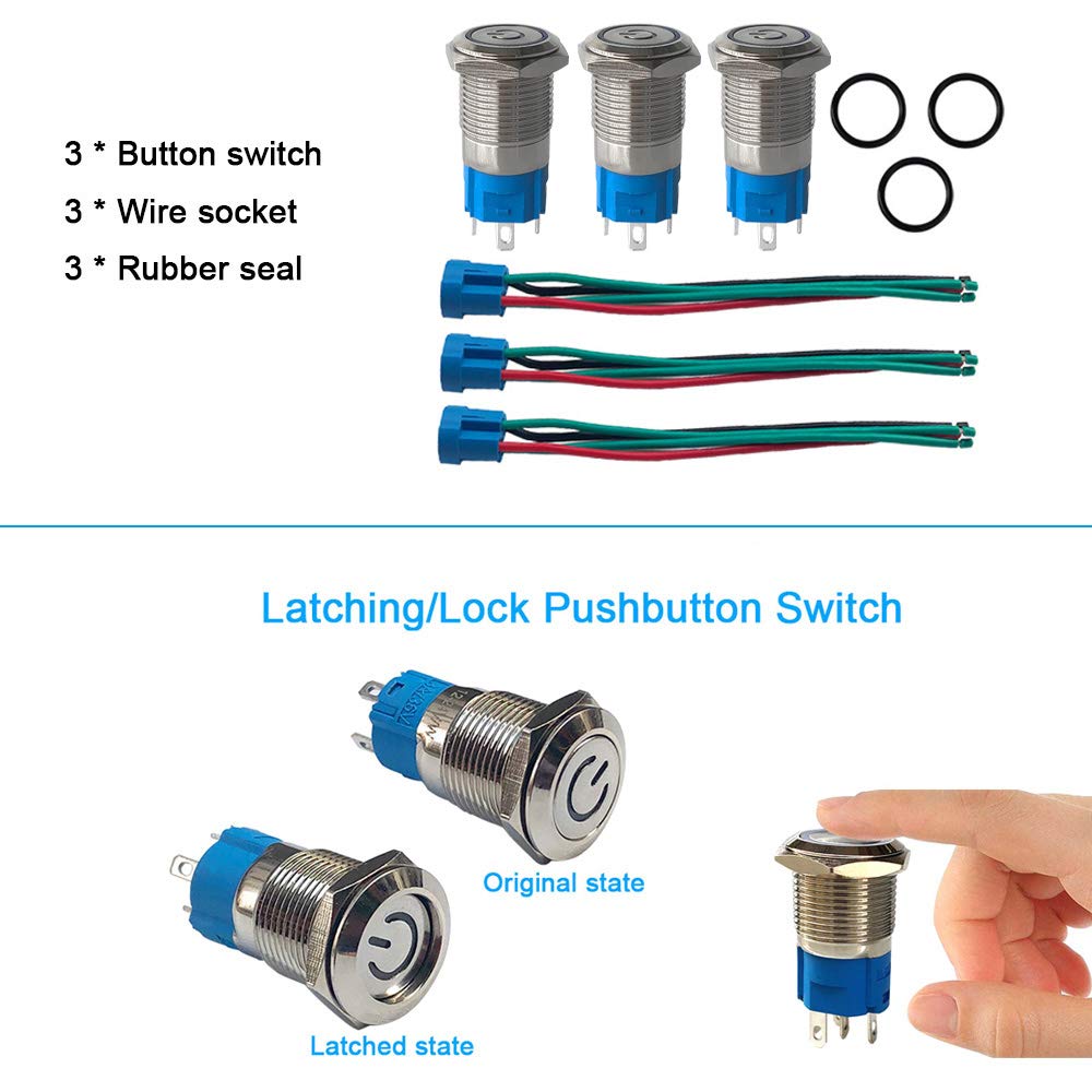 Premium 12 V/24 V 3 A samoblokujący się zatrzaskowy przełącznik przyciskowy, 12 mm wyłącznik zapłonu samochodowego, niebieskie światło LED, stal nierdzewna, wodoodporny przełącznik IP66, z