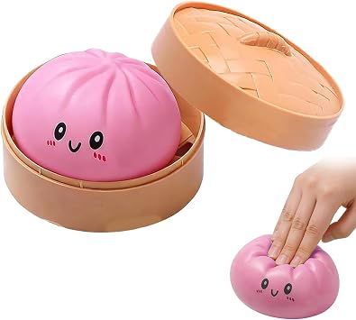 Dumpling Squishies, 2026 Colorful Dumplings Stress Balls Fidget Sensory Toy with Steamer Box, Cute Dumplings Stress Balls for Kids, Adults Pink