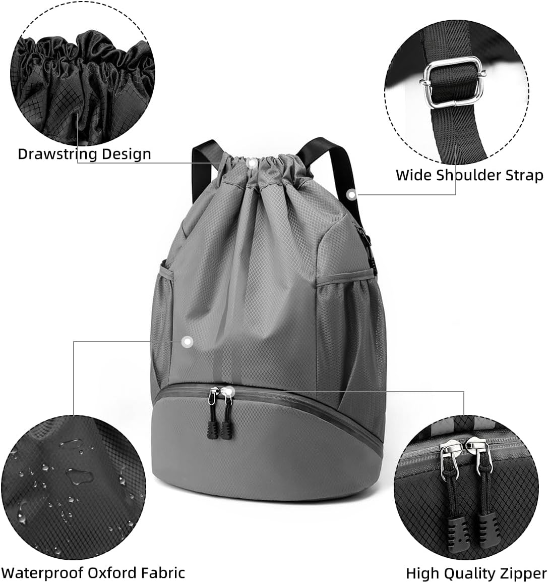 Valleycomfy Sports Drawstring Backpack - Water Resistant String Bag with Shoe Compartment Gym Backpack for Women & Men Dark Grey - Image 3