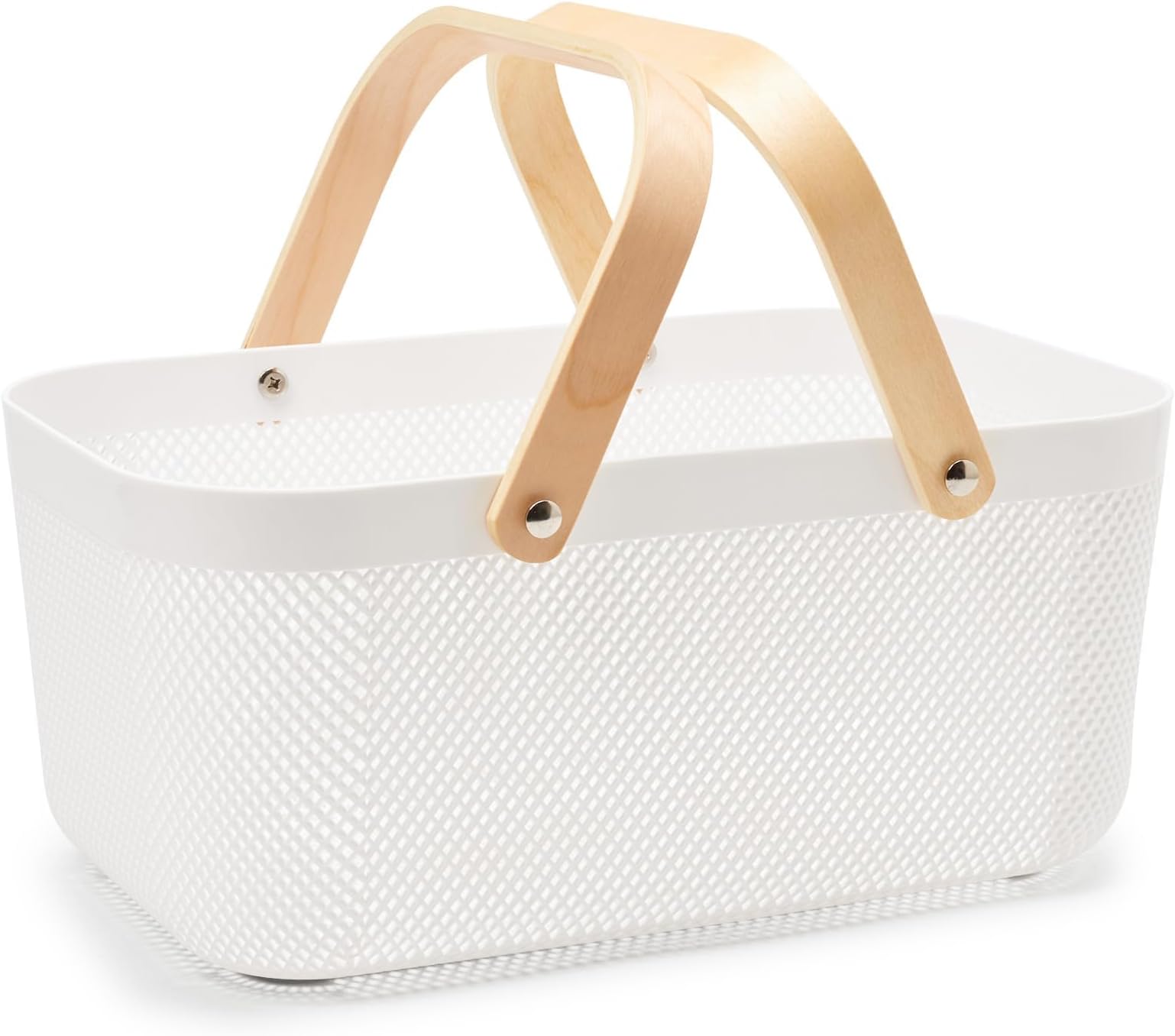 EZOWarePlastic Mesh Baskets with Wood Handle, Fruit Vegetable Wire Storage Organizer Bins for Kitchen Bathroom Pantry Organization, Garden, Picnic - White, 16x10.5x7inch