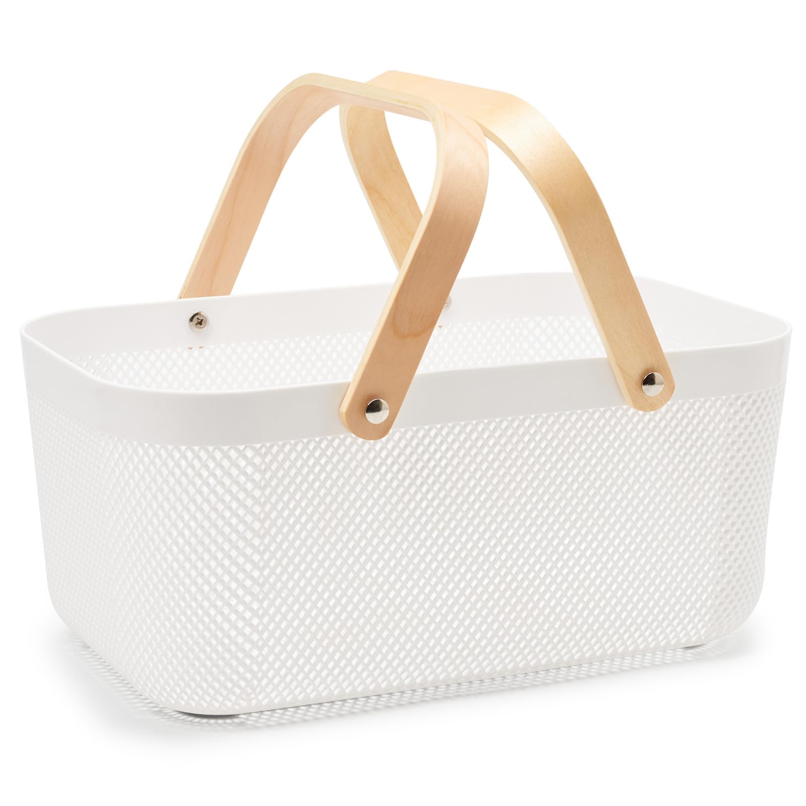 EZOWarePlastic Mesh Baskets with Wood Handle, Fruit Vegetable Wire Storage Organizer Bins for Kitchen Bathroom Pantry Organization, Garden, Picnic - White, 16x10.5x7inch