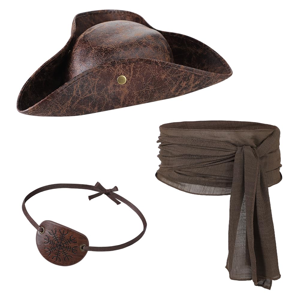 3Pcs Pirate Captain Accessories, Medieval Pirate Fancy Dress Costume Accessory Set for Women Men Faux Leather Distressed Colonial Style Tricorn Hat Eye Patch Sash Belt for Halloween Cosplay Party