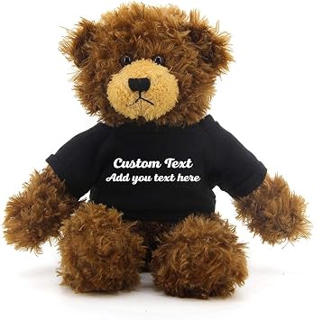 Plushland Chocolate Brandon Teddy Bear 12 Inch, Stuffed Animal Personalized Gift - Custom Text on - Great Present for Mothers Day, Valentine Day, Graduation Day, Birthday Black Shirt
