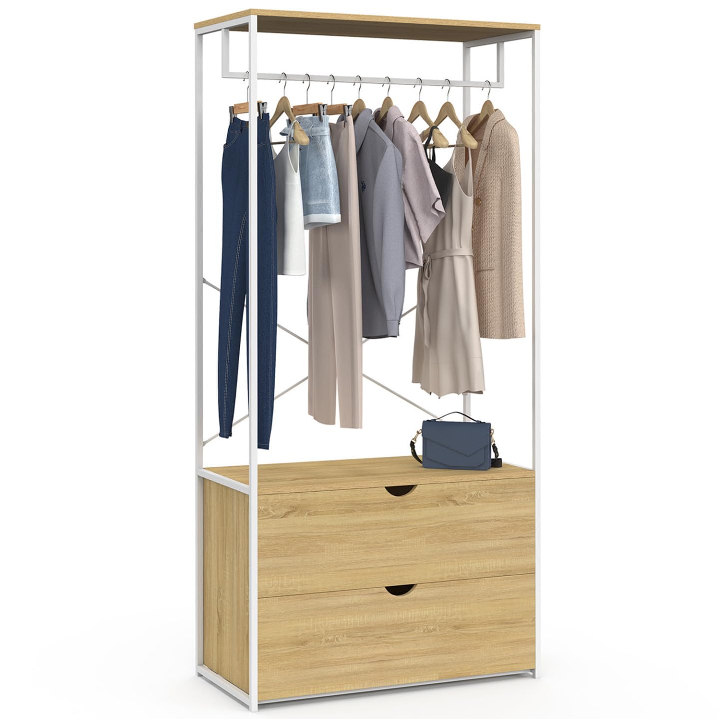 IDMarket - Armario para ropa con 2 cajones L. 80 cm DETROIT diseño industrial en madera y metal blanco