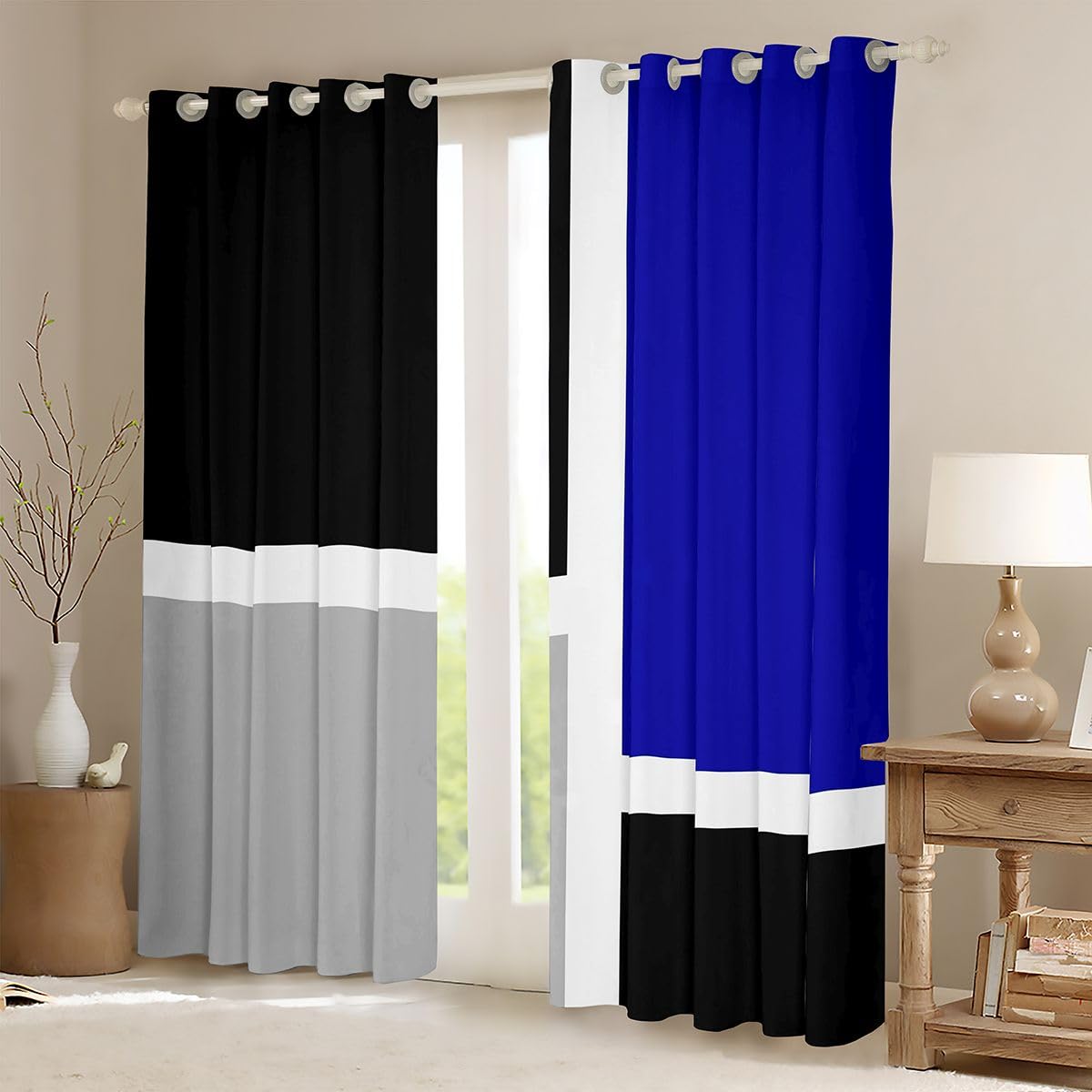 Homewish Geometryczne abstrakcyjne zasłony okienne, 117 x 137 cm, 2 zestawy paneli - proste paski, patchworkowe zasłony zaciemniające, niebieskie, czarno-szare, zasłony okienne, nowoczesne, estetyczne
