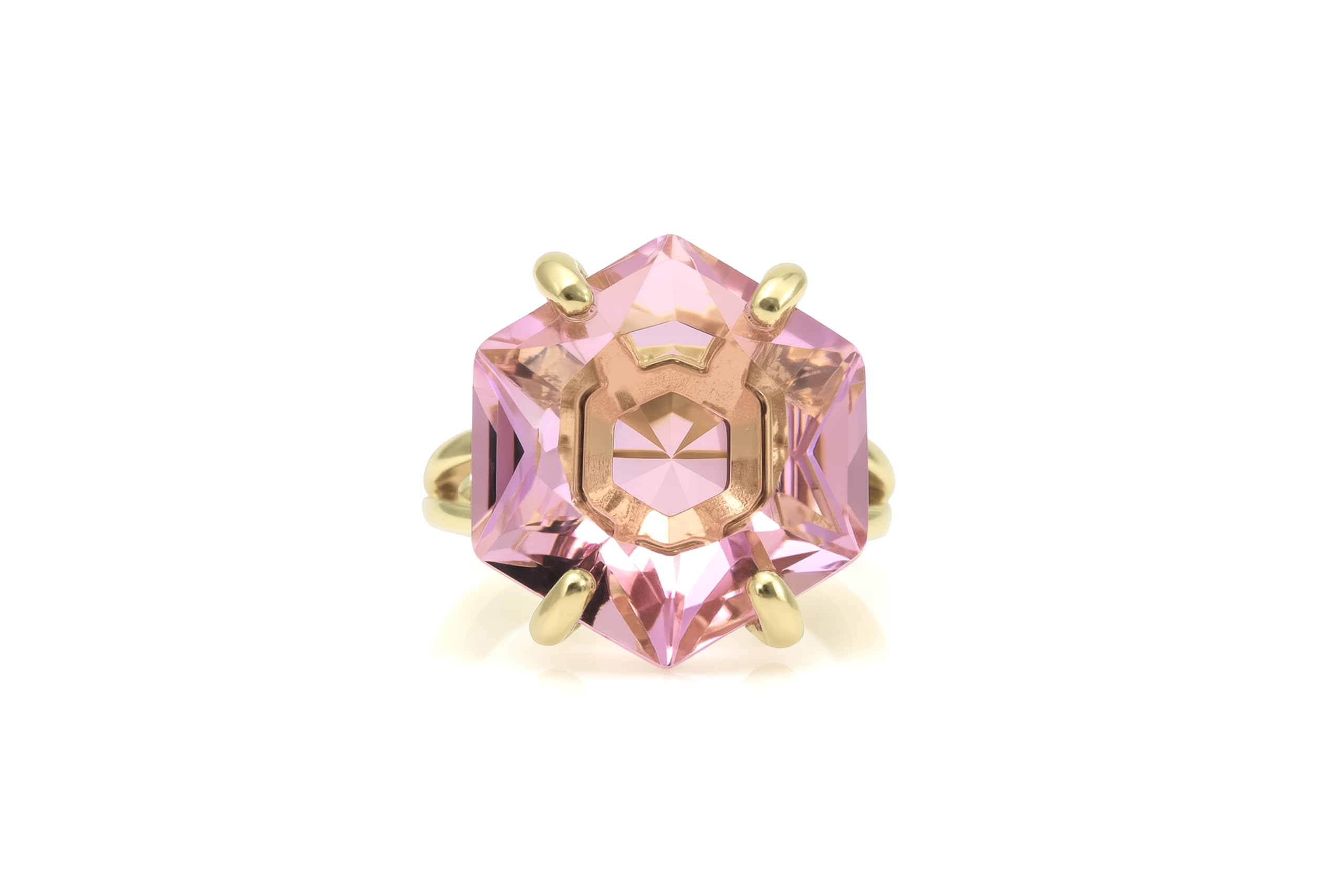 Anillo Hexagonal de Cuarzo Rosa - Anillo de Oro Amarillo Macizo - Joyería con Piedras Preciosas para el Amor Propio para Mujeres