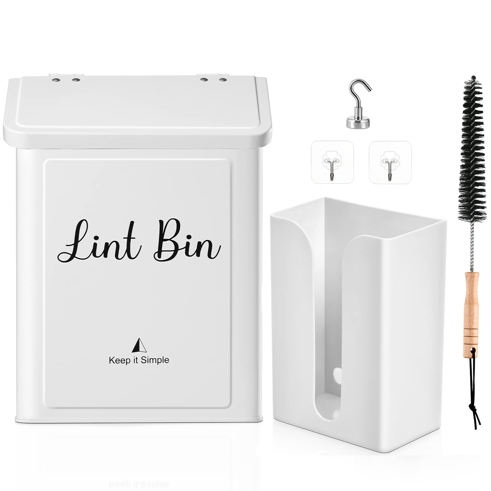 SUBEKYU Magnetic Lint Bin and Dryer Sheet Holder Set for Laundry Room, Metal Lint Trash Can with Lid and Lint Box Magnetic for Mounting on Dryer,Wall Mount Lint Bin for Laundry Room,White