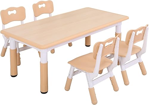 UNICOO Juego de mesa y sillas de estudio para niños, escritorio artístico de plástico ajustable en altura con 4 asientos, juego de mesa de