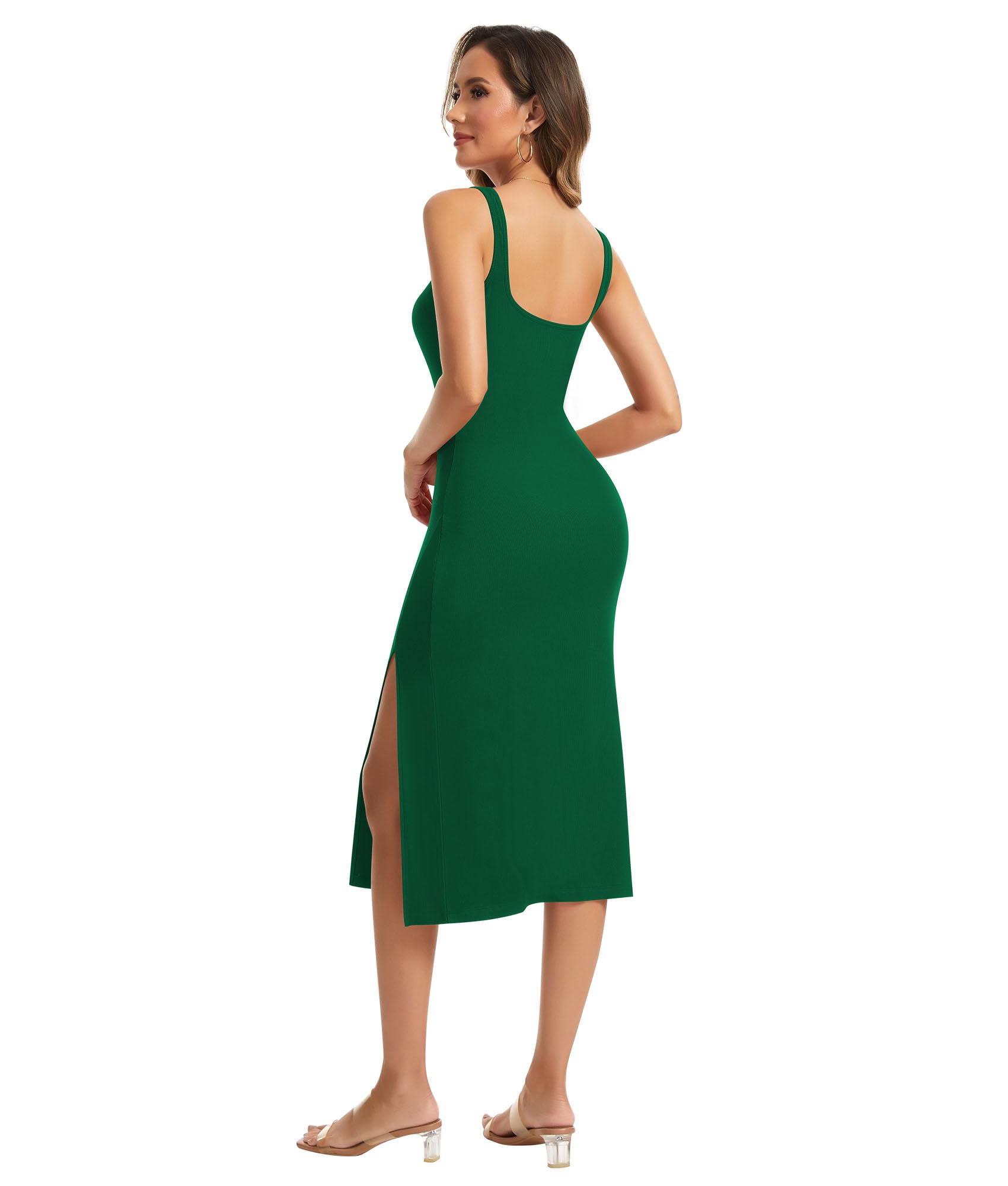 SHAPERIN Vestito con Spacco Donna Senza Maniche Midi Abito Scollo Quadrato Abito Estivo da Festa Cocktail Elegante Aderente Abiti