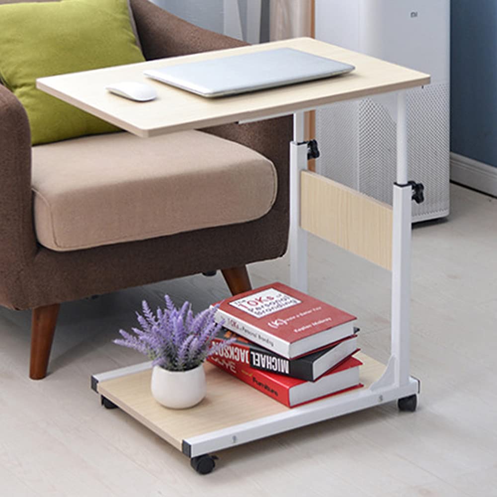 Tavolo per computer portatile, comodino in legno d'acero bianco con ruote, tavolino mobile regolabile in altezza, adatto per soggiorno, studio, ufficio, sala riunioni, aula, camera da letto