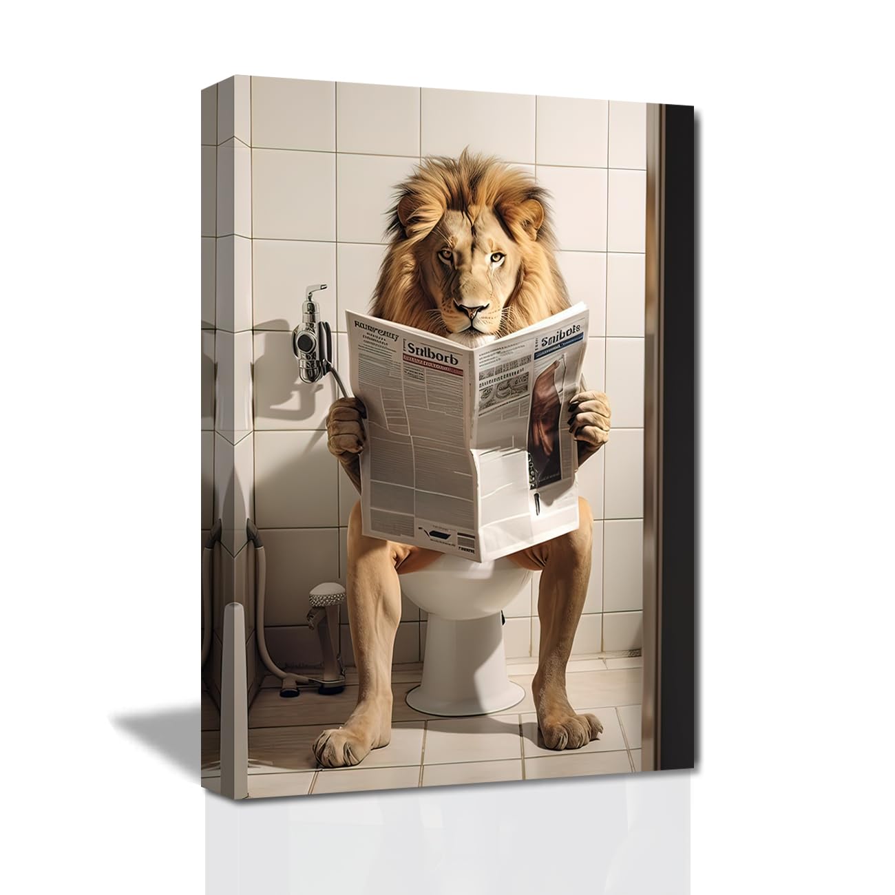 LZIMU Bathroom Wall Art - Lion Sitting on Toilet Reading Newspaper Canvas Prints - Funny Animals Wall Decor - Framed (Bathroom-6, 24"x36" (60.00 x 90.00 cms)) — image 1
