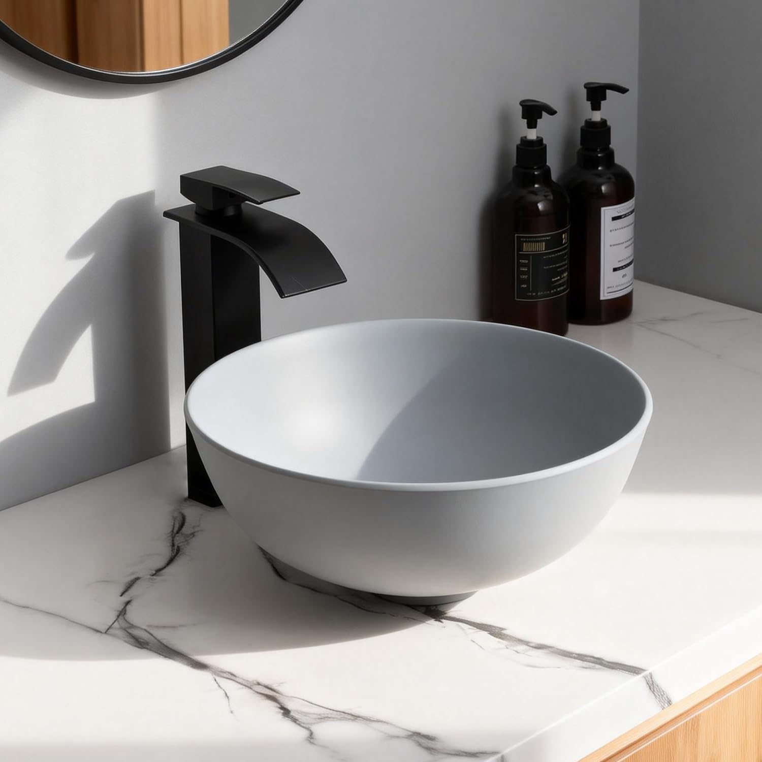 Évier de salle de bain rond au design minéral en résine haut de gamme grise de 30.5 cm