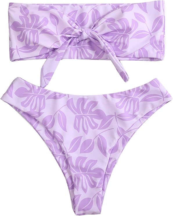 SheIn Women's 2 Piece Leaf Print Swimsuit Strapless Tie Front Bandeau