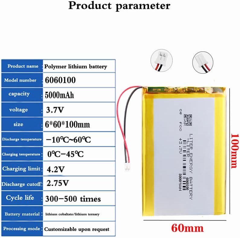 Miniatura 2 de 3.7V 6060100 5000mAh batería de iones de polímero de litio recargable batería de polímero con conector JST 0.079 in