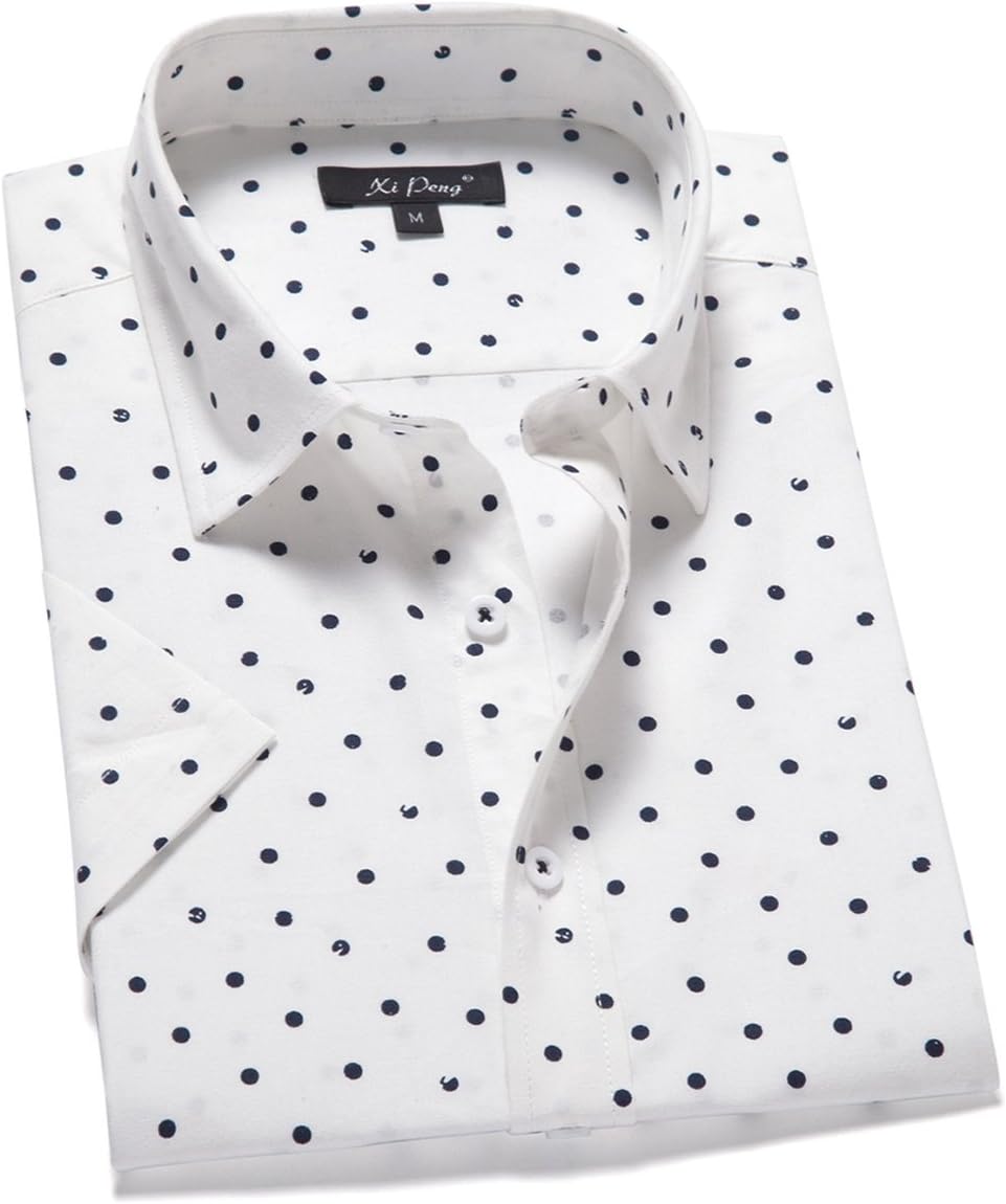 XI PENG Men's Casual Dress Cotton Polka Dots Short Sleeve Fitted Button Down Shirts
