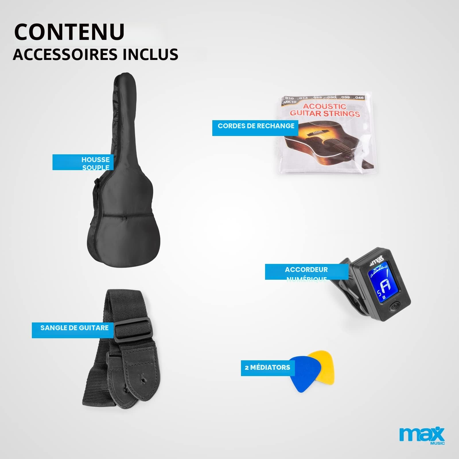 Max Showkit - Guitare Électro-Acoustique Adulte - Bois Clair, Cordes en Acier, Amplificateur Intégré 40W, Livré avec un Sac de Transport et une Sangle, pour Musiciens Débutants