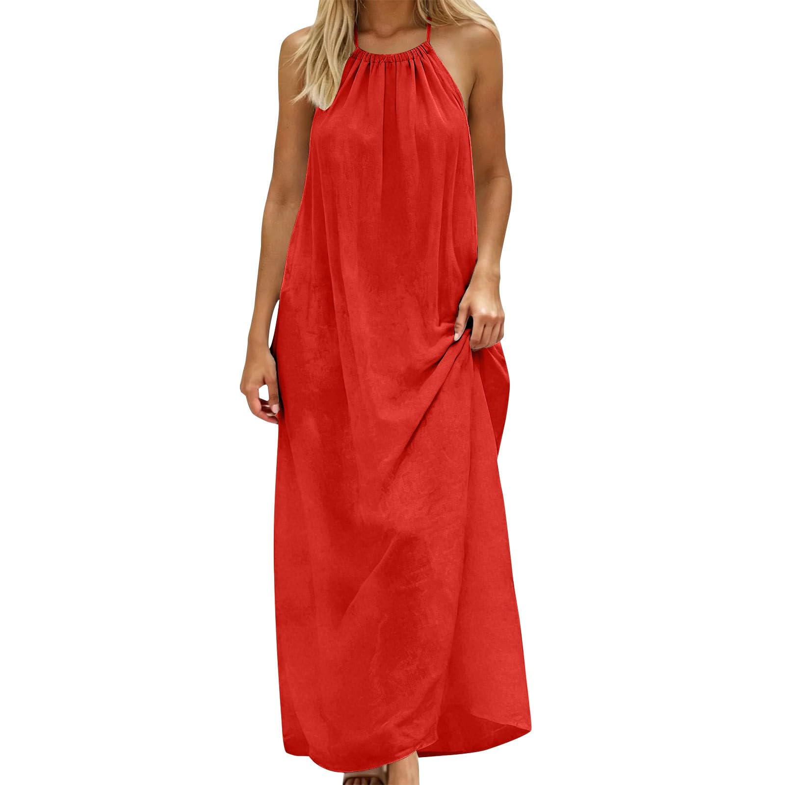 Générique Robe Longue Femme Chic Et Elegant Bretelles Spaghetti Coton Boheme Robe à Bretelles Elegant Chic Robes Lin sans Manches DéContracté Quotidien Boho Plage Vacances Plage éTé