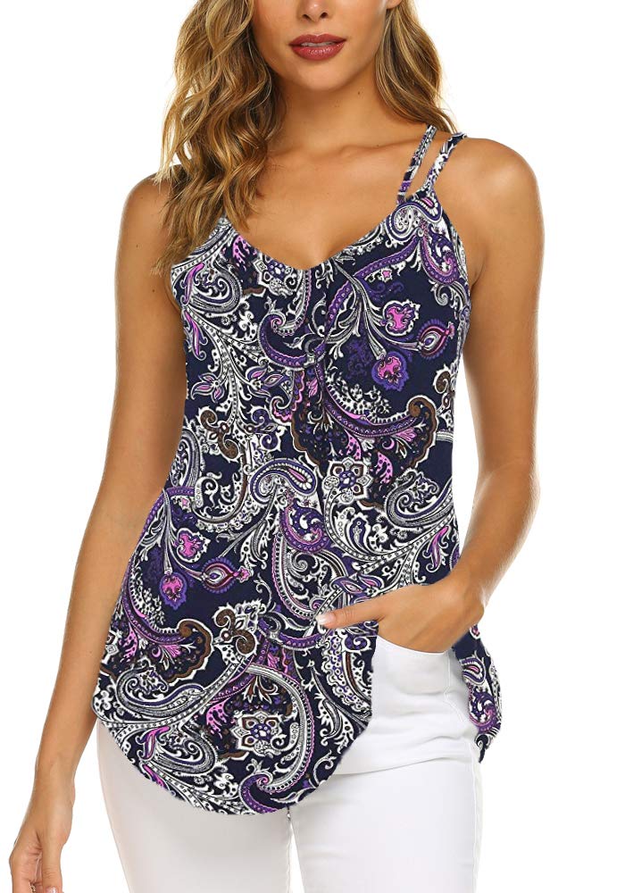Supnier Women's Casual Summer Spaghetti Strap Tank Tops Floral Print Sleeveless V Neck Strappy Shirts