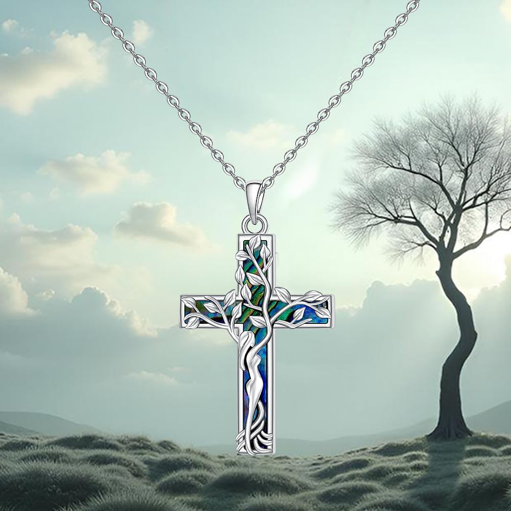 Fenthring Tree of Life Necklace Sterling Silver Cross Necklaces for Women Womens Cross Christmas Abalone Jewelry Birthday Gifts - Image 8