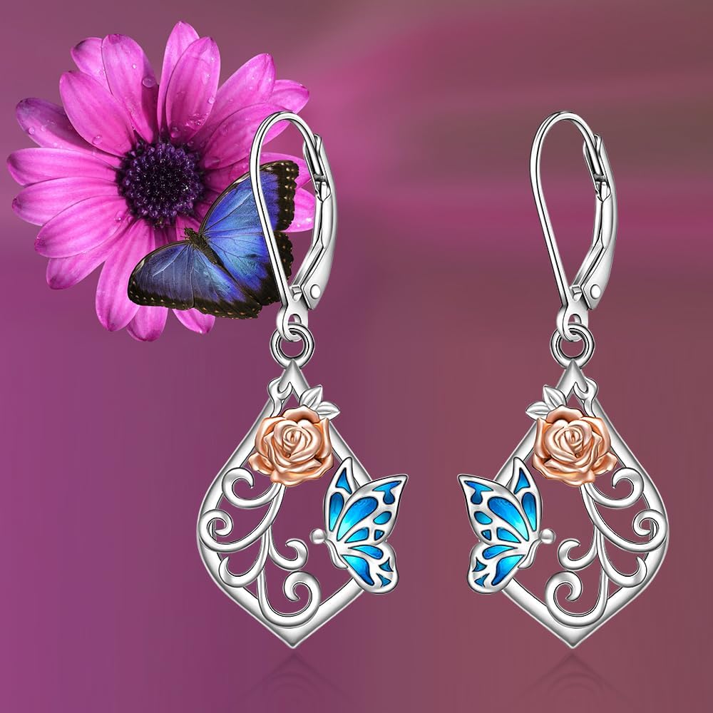 Butterfly Earrings for Women Sterling Silver Flower Filigree Blue Butterfly Dangle Earrings Cute Dainty Butterflies Jewelry Charms Valentines Christmas Mothers Day Gifts - Image 7