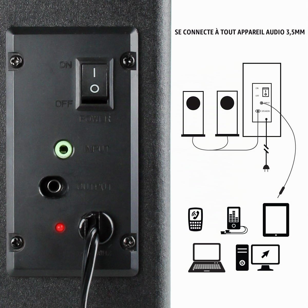 GOgroove Haut Parleurs PC Enceintes Stereo 2.1 Satellite Basses Passives Lampes LED Scintillantes - Compatible avec Ordinateur, Tablette, Smartphone et Tout Appareil Equipé d'un Port AUX 3,5 mm - Bleu