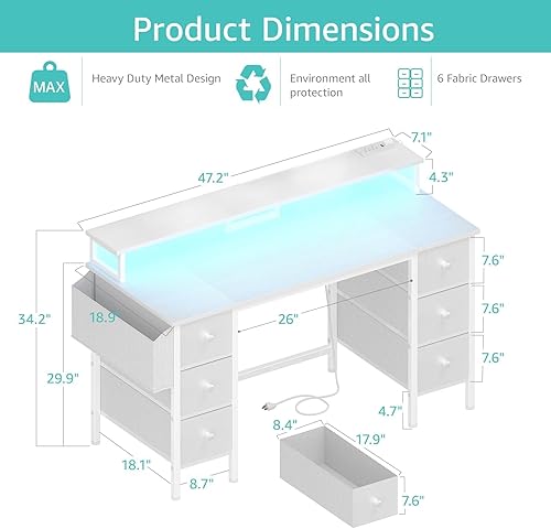 Miniatura 2 de Lufeiya Escritorio blanco para juegos con cajones y estantes de almacenamiento, escritorio de oficina en casa de 47 pulgadas con soporte para