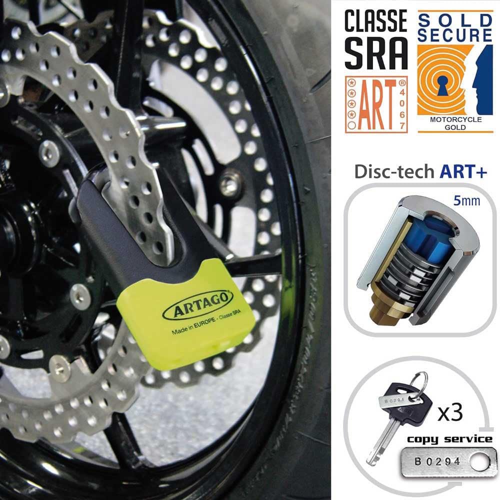 Artago 69X3 Pack Lucchetto Antifurto Bloccadisco ad Alta Sicurezza + Suporto per Kawasaki Z900, Omologato SRA, Sold Secure Gold, ART4
