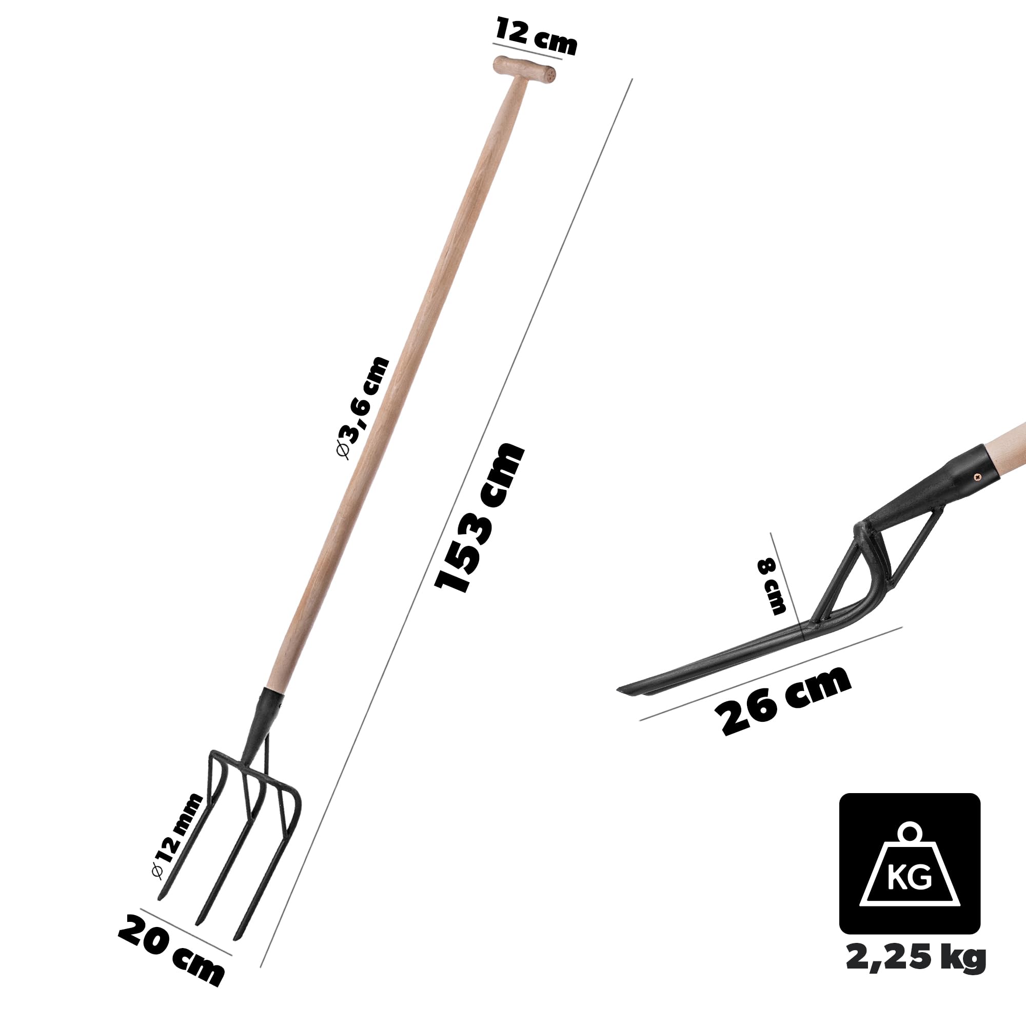 KADAX Fourche bêche avec tête en acier renforcé, 3 dents et poignée ergonomique en T, fourche de jardin pour ameublir et creuser les sols durs (avec manche)