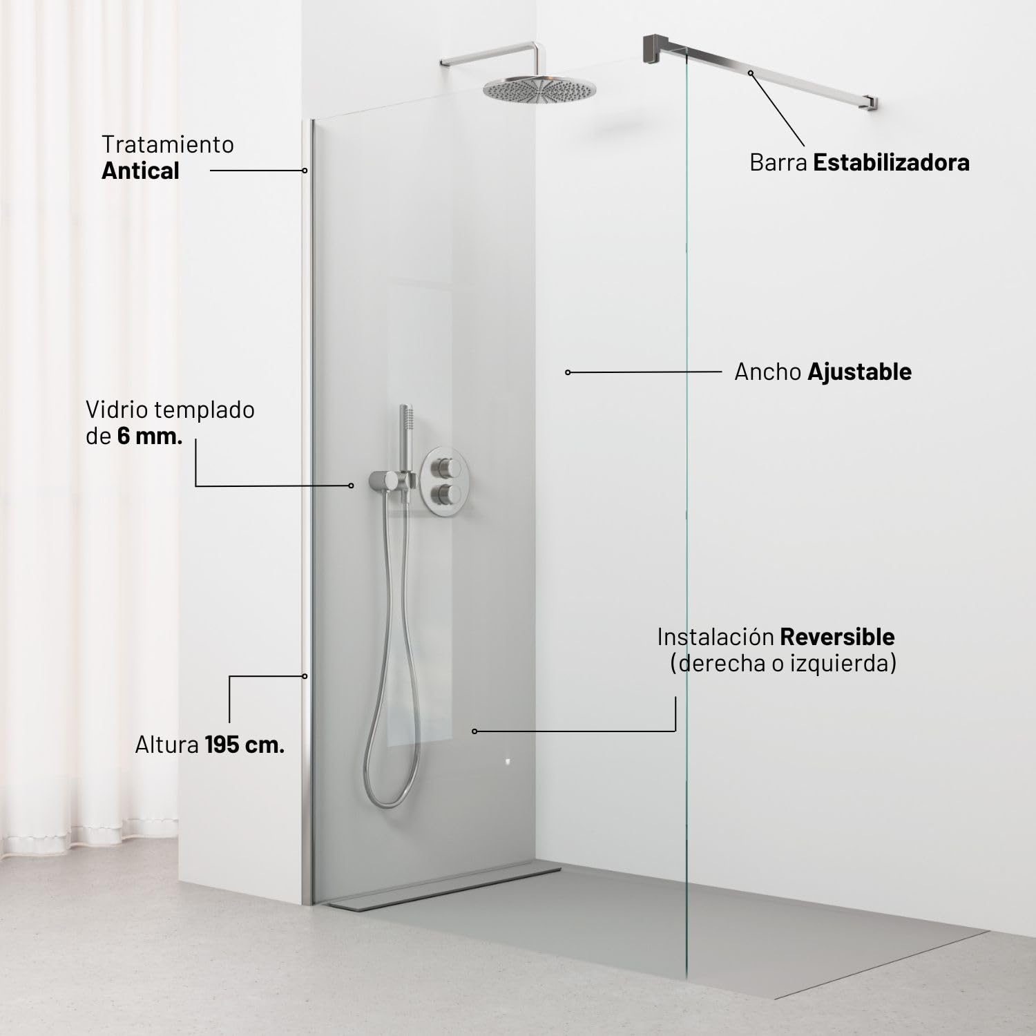 Mampara de Ducha Fija Medidas (88,5 a 90) x 195 cm | Frontal, 1 Hoja Fija, Reversible, Ancho Ajustable, Vidrio 6 mm, Antical, Barra Estabilizadora, SERIE 100A, Cromo