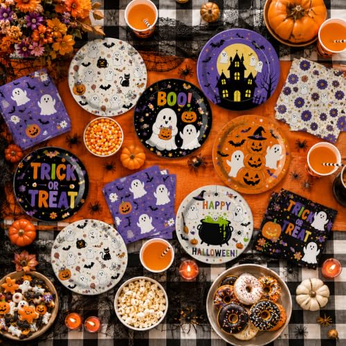 Image of LINHAXM 60 PCS Halloween Plates and Napkins Set, Halloween Party Supplies with Ghost Pumpkin Bat Plates and Napkins for Halloween Birthday Party Decorations