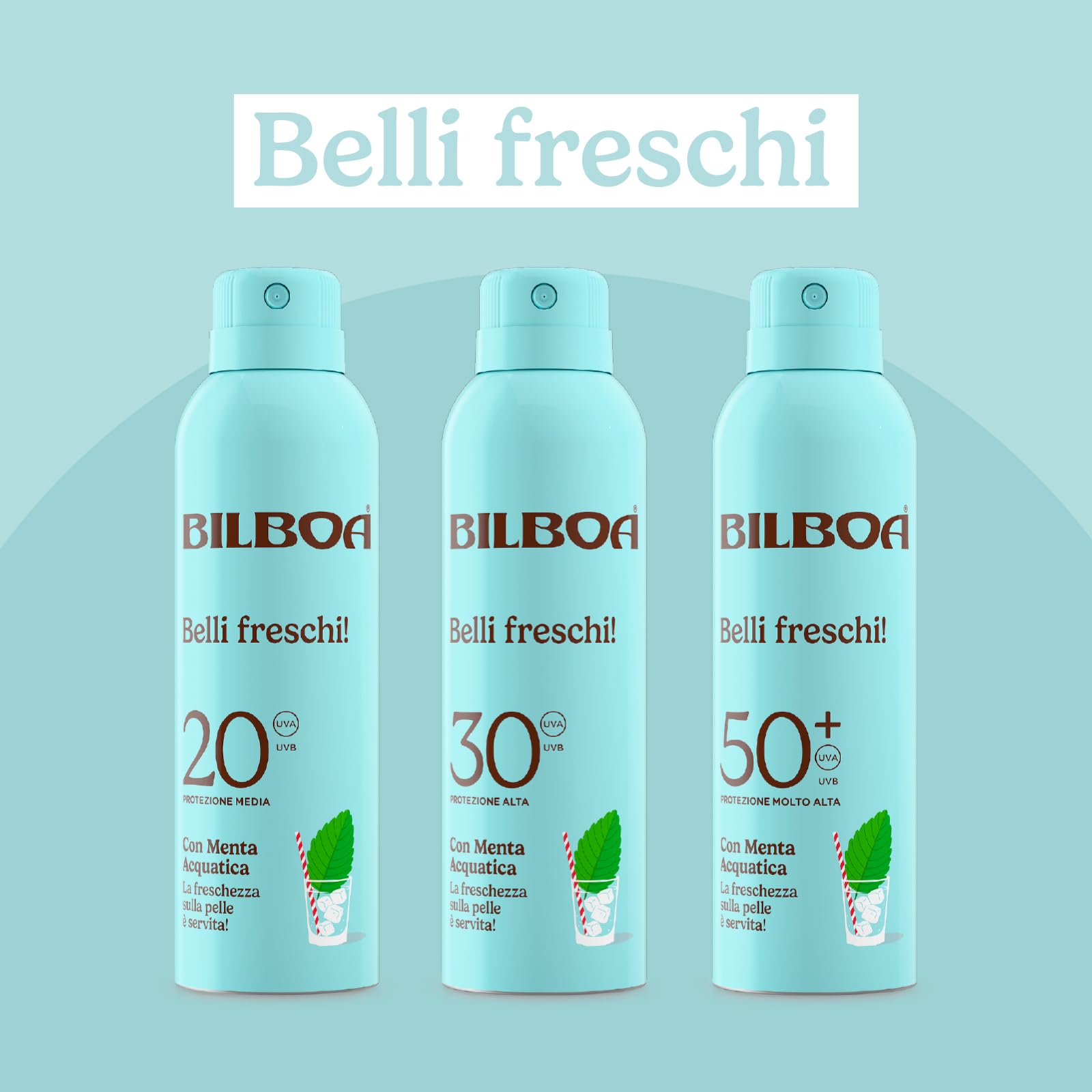 Bilboa Belli Freschi Protezione Solare SPF 50+,con Menta Acquatica, La Freschezza sulla Pelle è Servita, Resistente all'Acqua, Dermatologicamente Testata, 150 ml