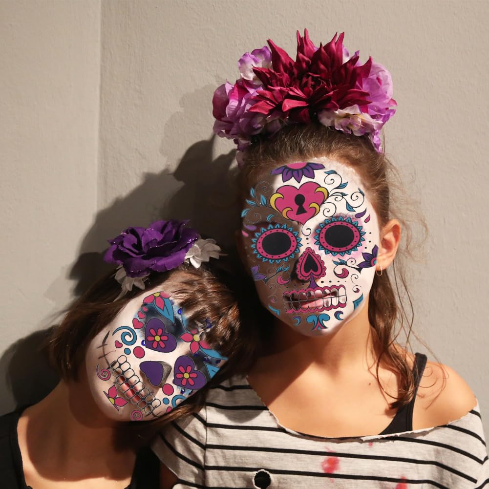 Tatuajes Temporales De Halloween – 6 Hojas Glow In The Dark – Calaveras Sugar Skull Para El Día De Muertos