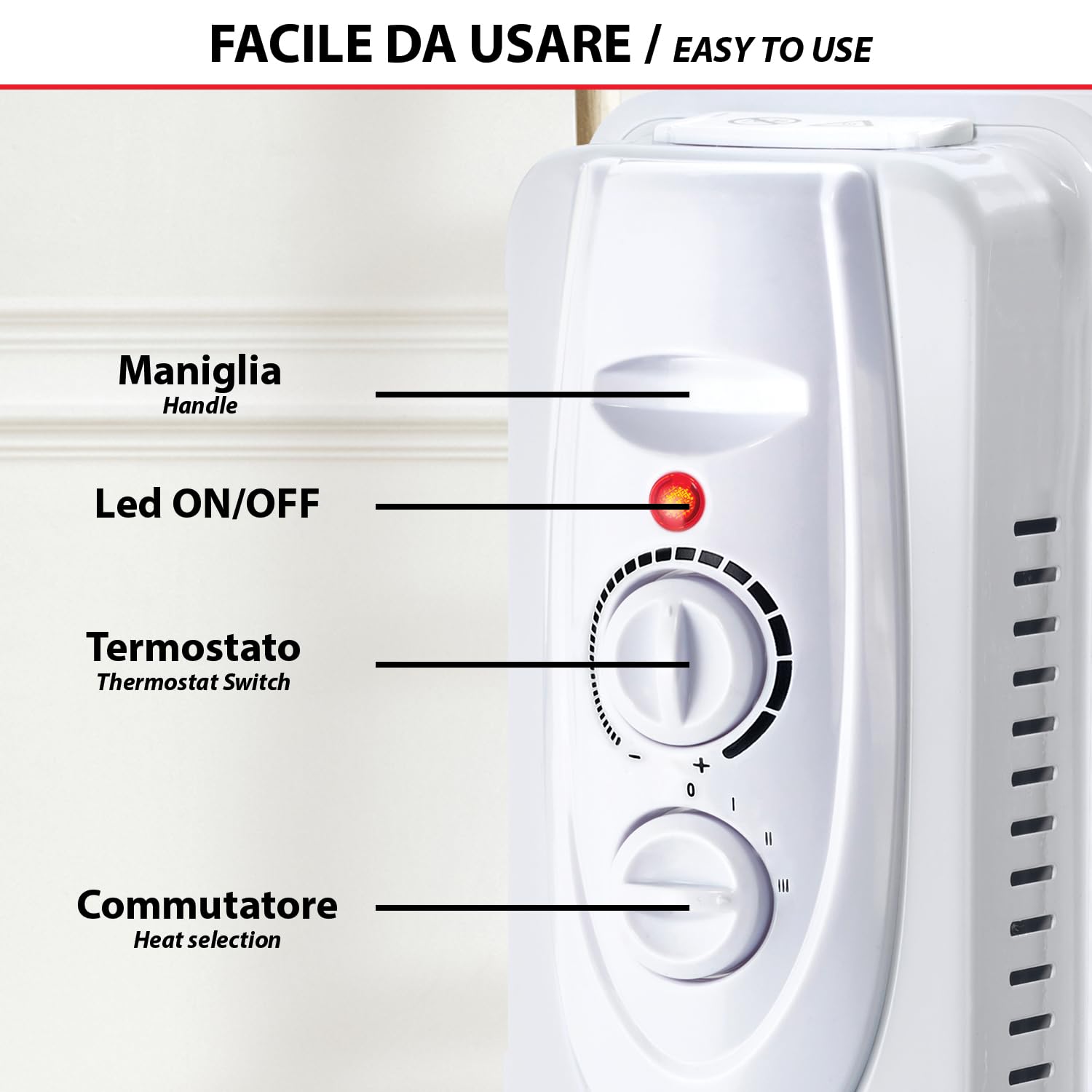 Velamp Radiatore ad Olio 9 elementi 2000 W – riscaldamento silenzioso e uniforme, 9 lamelle efficienti, termostato regolabile, ruote trasportabili